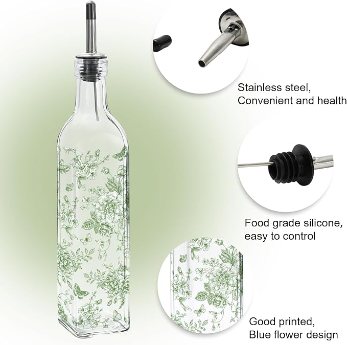 JarThenaAMCS Chinoiserie Olive Oil Dispenser Bottle Green Floral Glass Cruet - Image 3