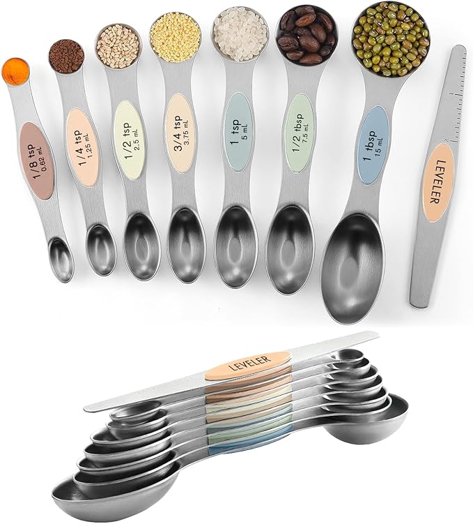 ChefAide Pack of 8 Stainless Steel Magnetic Measuring Spoons Set, Dual Sided by ChefAide