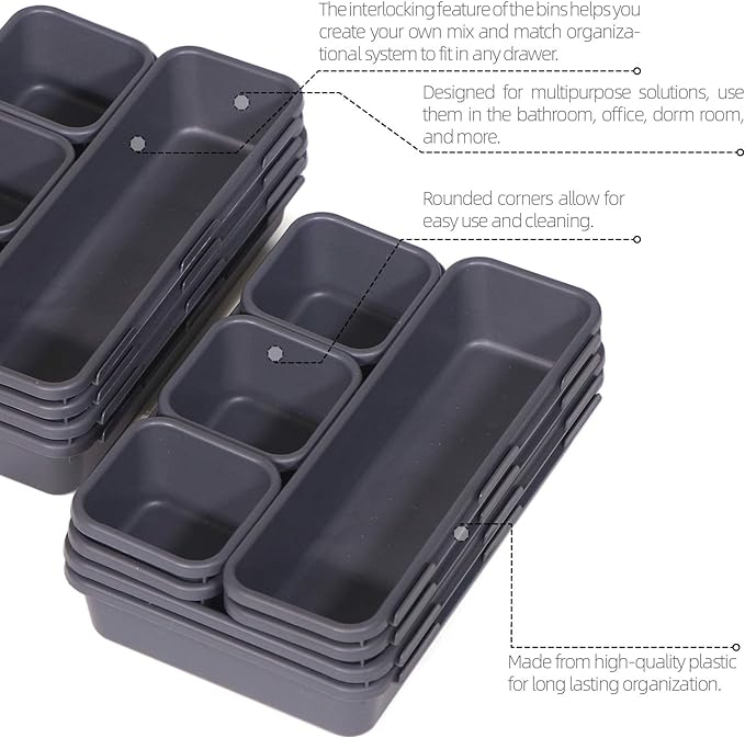 Set of 12 Interlocking Desk Drawer Organizer Tray Dividers Plastic Shallow - Image 3
