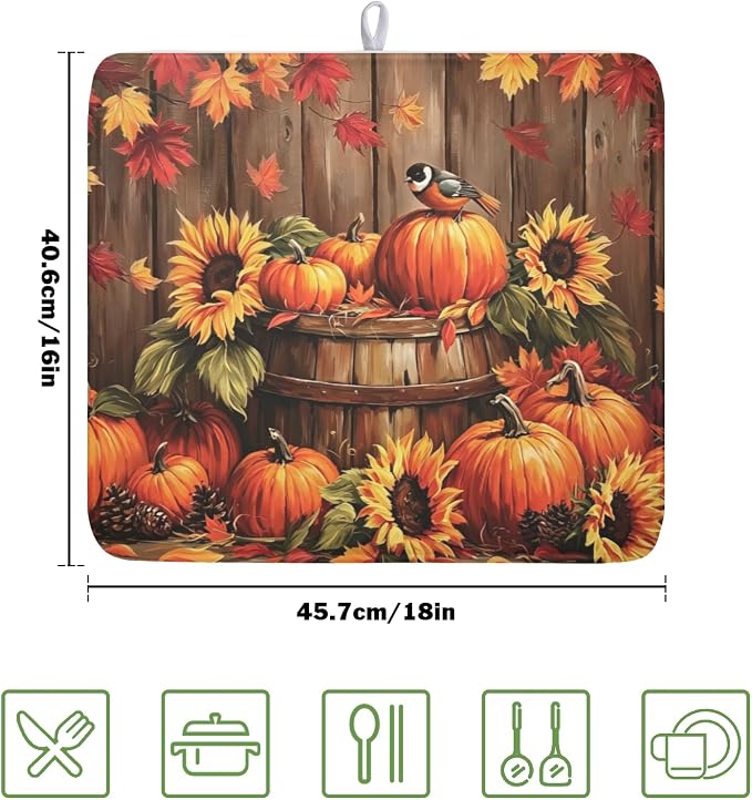 Fall Pumpkin Dish Drying Mat for Kitchen Counter Thanksgiving Autumn Harvest - Image 2