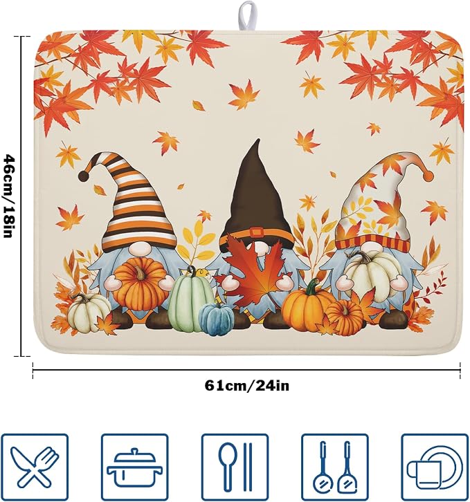 Fall Gnome Dish Drying Mat for Kitchen Counter Autumn Pumpkin Maple Leaves - Image 2