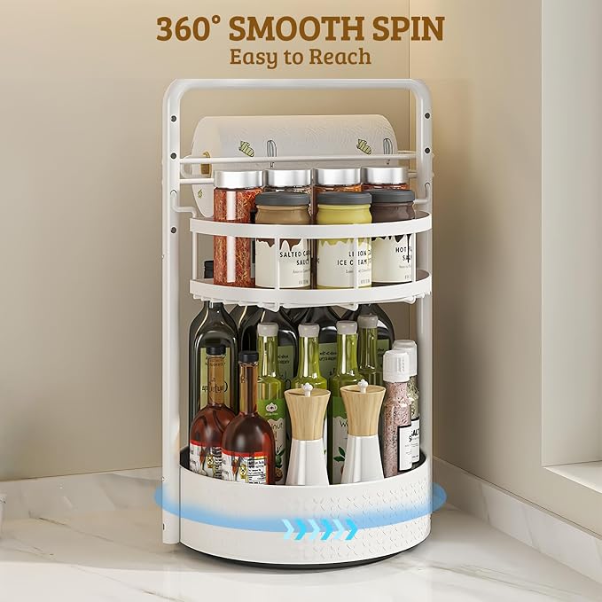 Rotating Spice Rack with Paper Towel Holder, 2 Tier Turntable Lazy Susan - Image 4