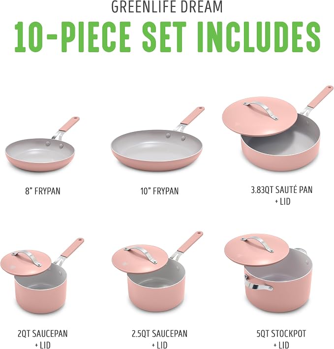 GreenLife 10-Piece Nonstick Ceramic Cookware Set, Lightweight Healthy PFAS-Free - Image 3