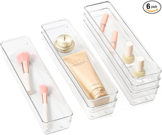 6 Set Clear Plastic Junk Drawer Organizer Vanity Curlery Utensil Makeups by ihomecooker