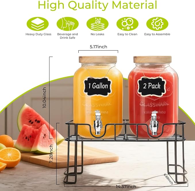 DHSBTLS 1 Gallon Glass Drink Dispensers, 2 Pack Clear Beverage Dispenser - Image 3