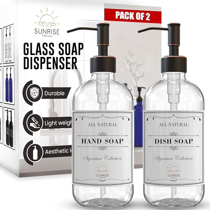 Sunrise Premium 2 Pack Clear Glass Soap Dispenser 16 OZ by SunrisePremium