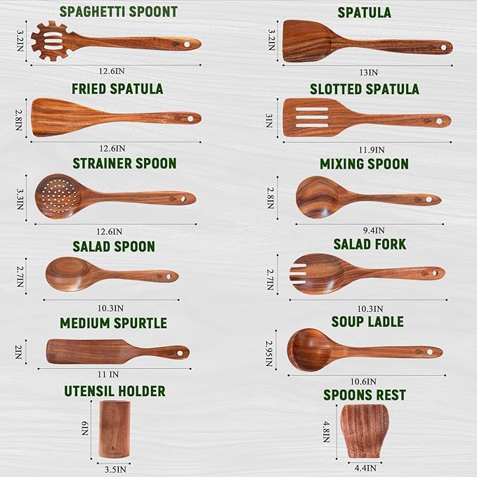 12 Piece Wooden Spoons for Cooking, Natural Teak Wooden Utensils Set, Handmade - Image 4