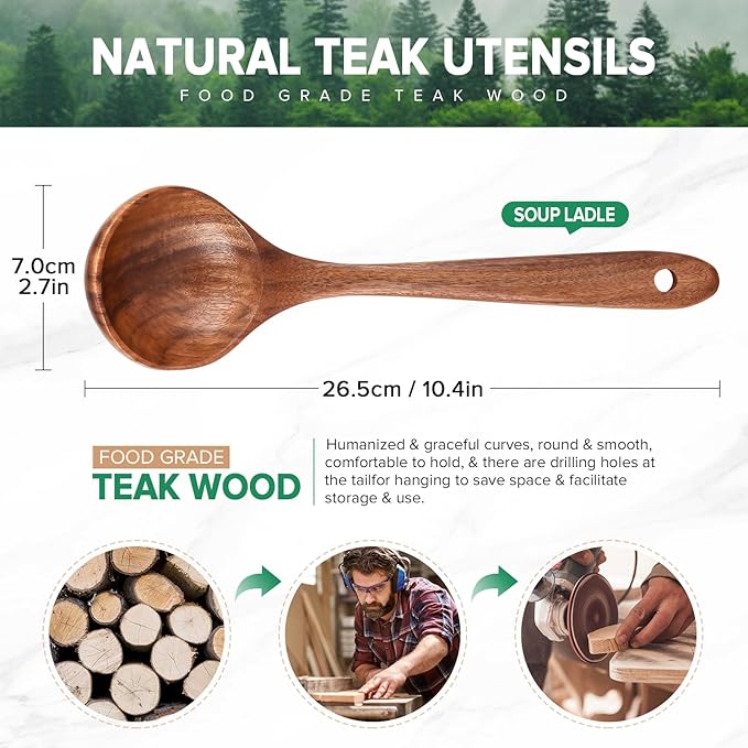Wooden Soup Spoon for Cooking, Teak Acacia Soup Ladle, Non-Toxic Natural Wood - Image 2