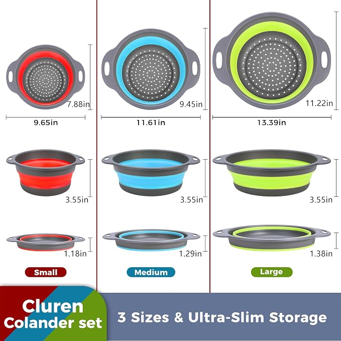 Collapsible Colander Set with Oversized Draining Tray | 3-Pack Foldable Kitchen - Image 3