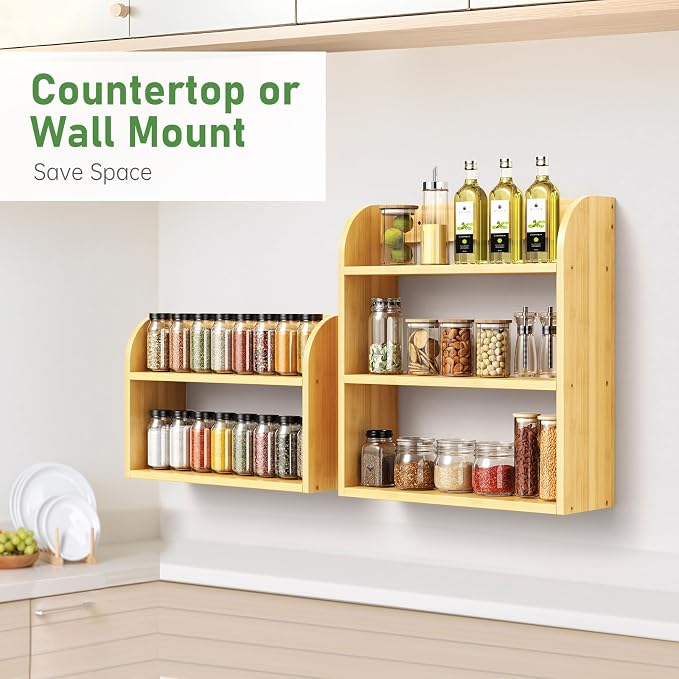 ROMGUAR CRAFT 2 Tier Bamboo Spice Rack, Countertop or Wall Mounting Wood Spice - Image 4