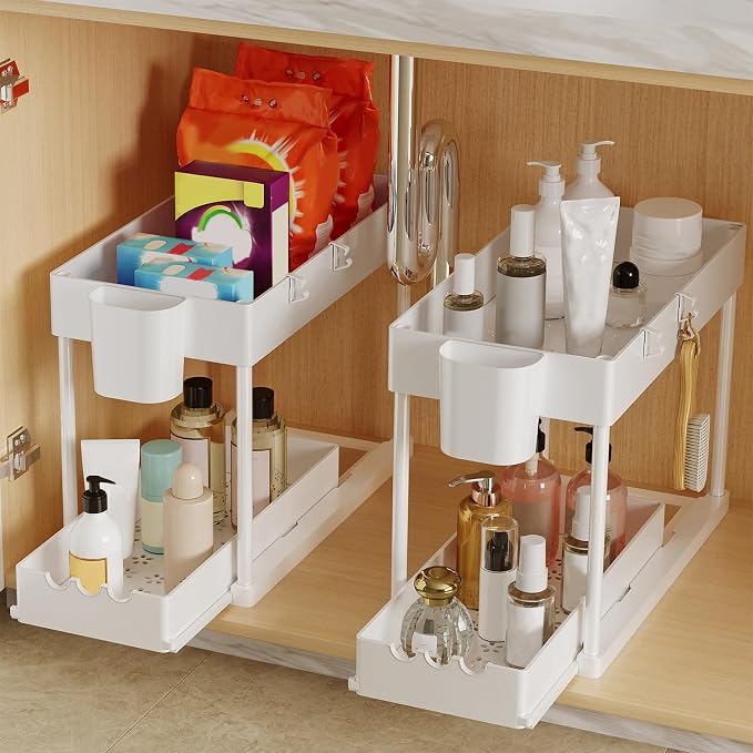 2 Pack Under Sink Organizers and Storage, 2-Tier Sliding Cabinet Organizer - Image 3