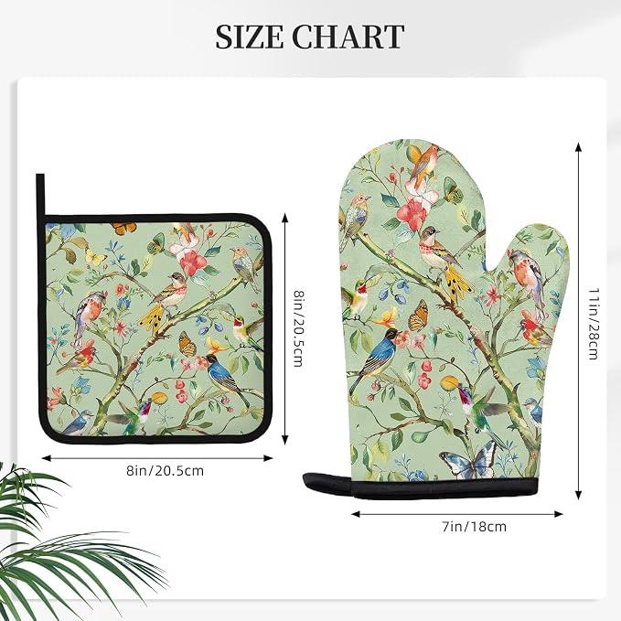 Bird Oven Mitts and Pot Holders Sets 3PCS, Floral Botanical Print Silicone Oven - Image 2