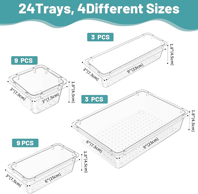 WOWBOX 24 PCS Clear Plastic Drawer Organizer Set, 4 Sizes Desk Drawer - Image 3