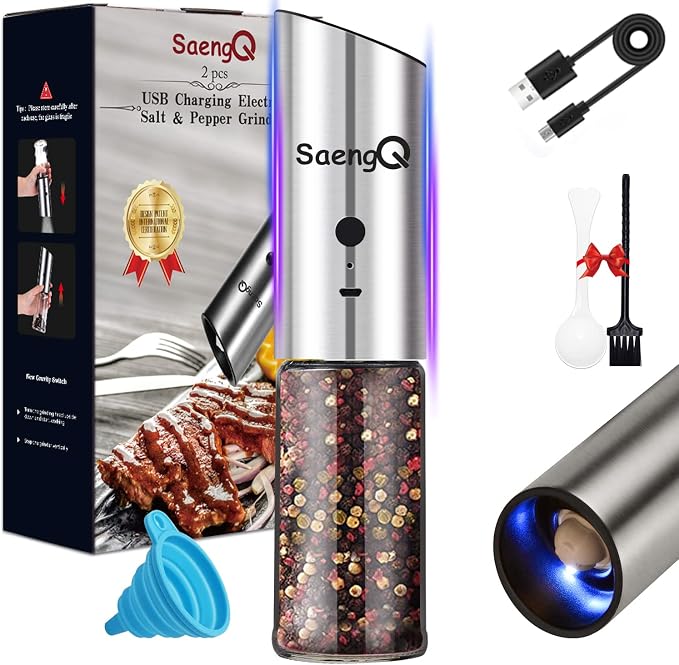 Gravity Electric Salt and Pepper Grinders refillable 1 Pack, USB Rechargeable by SaengQ