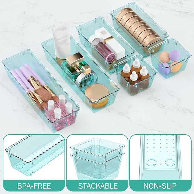 WOWBOX 12 Pack Clear Drawer Organizer Set, Acrylic Drawer Storage Trays - Image 3