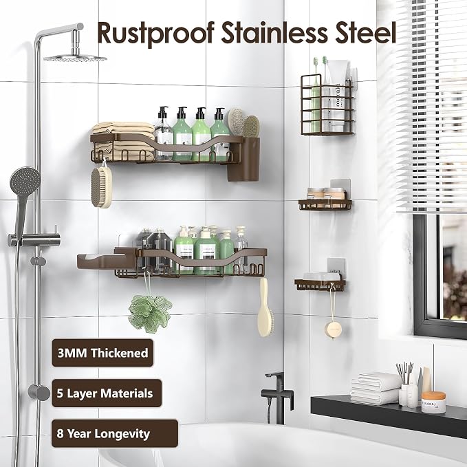 NESOMI Shower Caddy Adhesive Shower Organizer 7-Pack, Rustproof Stainless Steel - Image 5