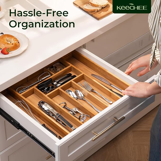 keechee Carbonized Bamboo Kitchen Drawer Organizer, 10 Slots Expandable - Image 9