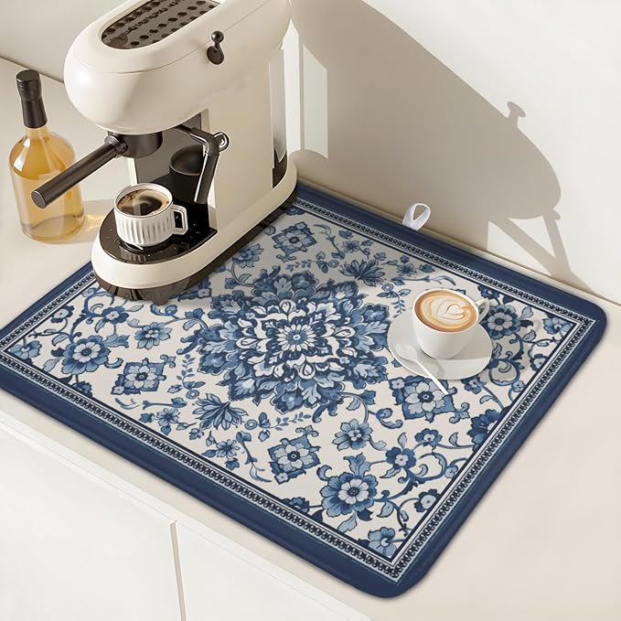 Blue Floral Dish Drying Mat for Kitchen Counter Vintage Flower Pattern - Image 7