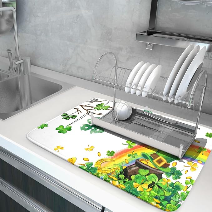 Giwawa St Patrick Dish Drying Mat Large Lucky Clover Tree Shamrock Dish Drainer - Image 5