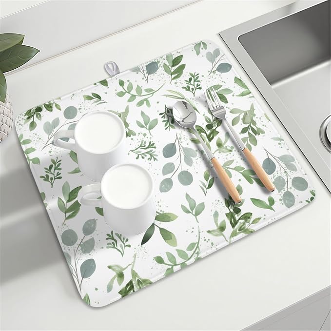 Spring Summer Sage Green Leaves Dish Drying Mat 18 x 24 Inch Spring Eucalyptus - Image 8