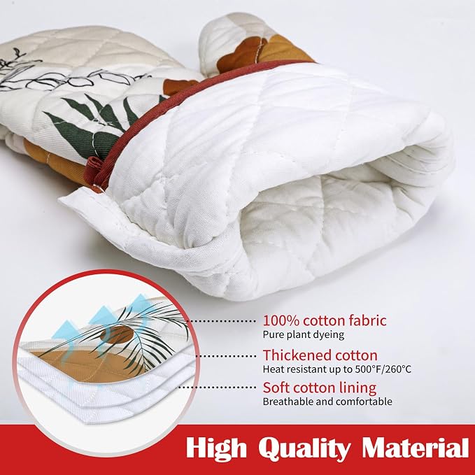 Boho Leaf Oven Mitts and Pot Holders Sets 2Pcs, 100% Cotton Heat Resistant - Image 2