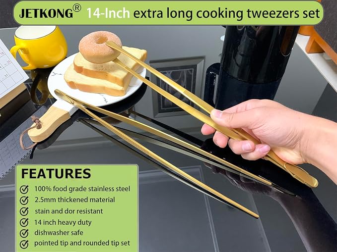 JETKONG 2 Pcs 14-Inch Cooking Tweezers Extra Long Stainless Steel Food Tweezers - Image 3