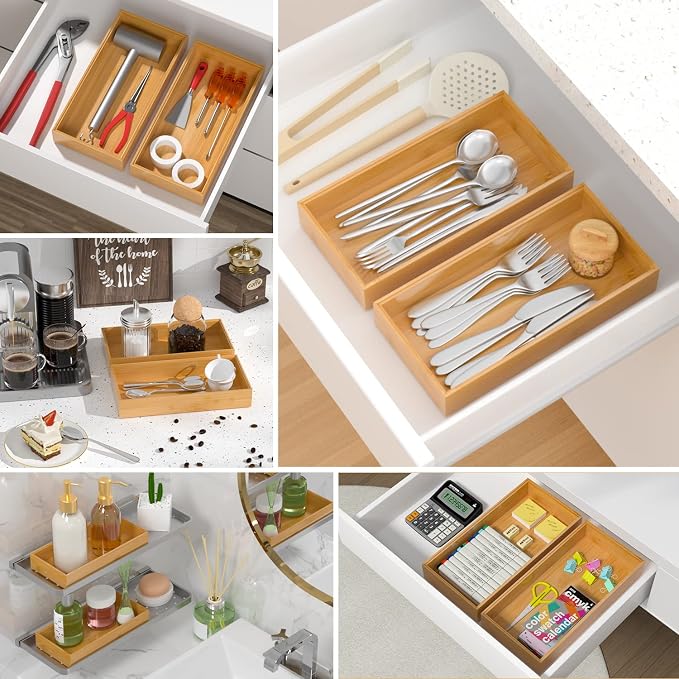 VeyFey Silverware Tray for Drawer, Stackable Kitchen Bamboo Drawer Organizer - Image 5