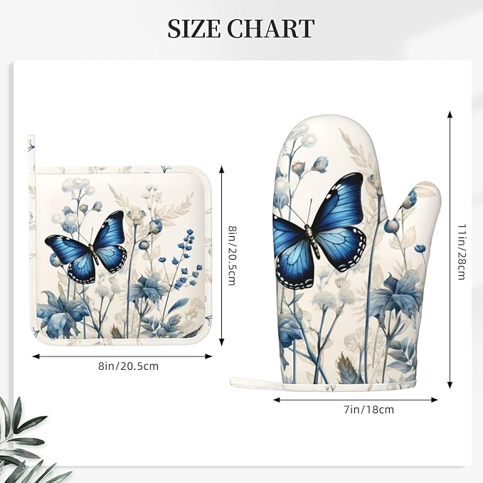 Oven Mitts and Pot Holders Butterfly Blue Flower Boho Silicone Kitchen - Image 3