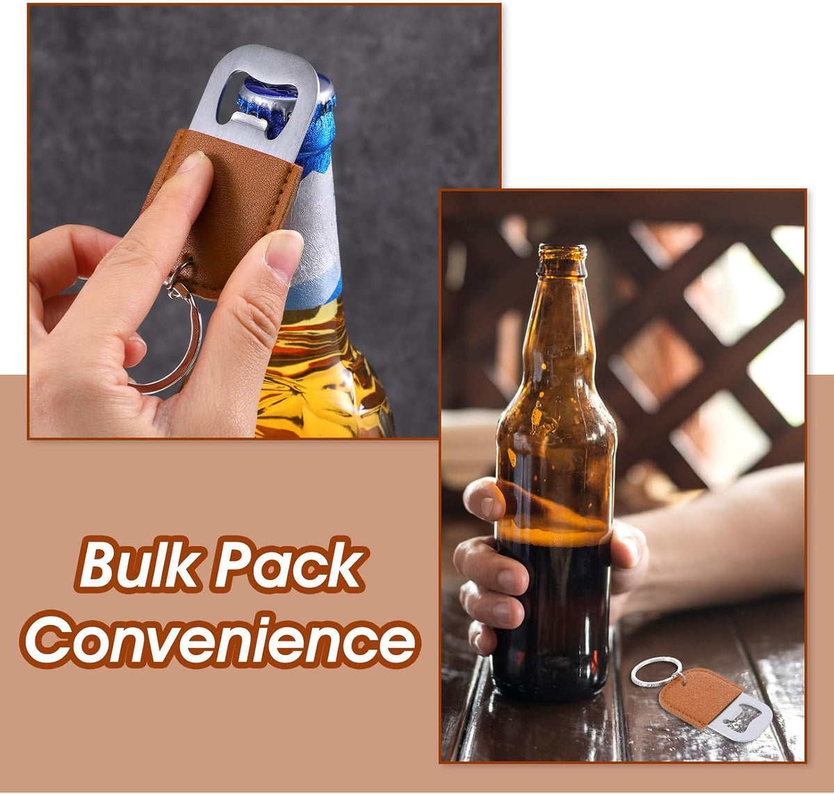 24 Pack Brown Leather Stainless Steel Bottle Opener Keychain
