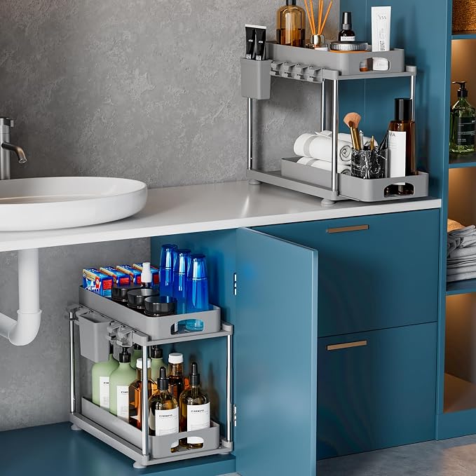 VERIFOST 2 Pack Adjustable Gray Under Sink Organizers, 2 Tier Pull Out Storage - Image 8