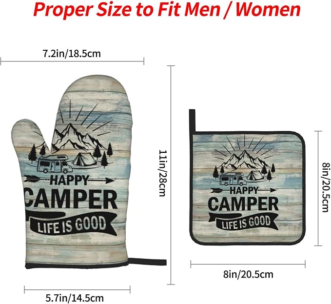 Happy Camper Oven Mitts and Pot Holders Sets of 4, Resistant Hot Pads - Image 3