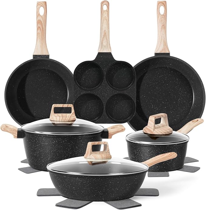 13 Pcs Pots and Pans Set, Nonstick Cookware Sets Black Granite Induction by SODAY