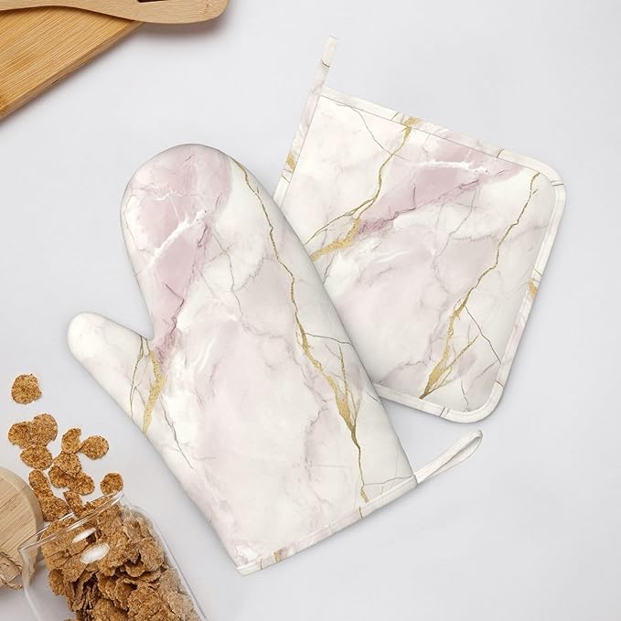 Oven Mitts and Pot Holders Light Pink White Marble Silicone Kitchen Accessories - Image 6