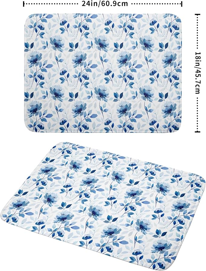 Blue Floral Dish Drying Mat 18x24 inch Flower Leaves Dish Rack Pad Microfiber - Image 2