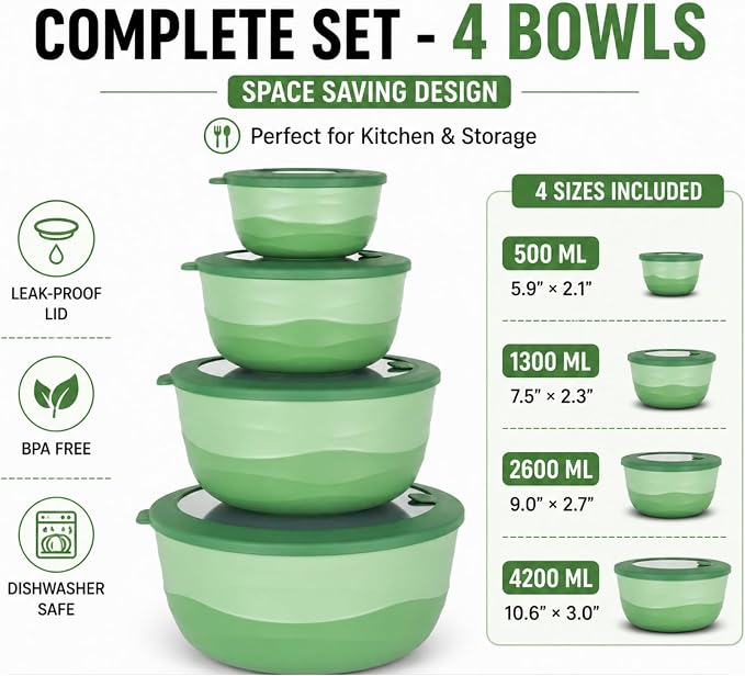Pera Mixing Bowls with Lids Set, 8 Piece, BPA Free Nesting Kitchen Bowl Set - Image 5