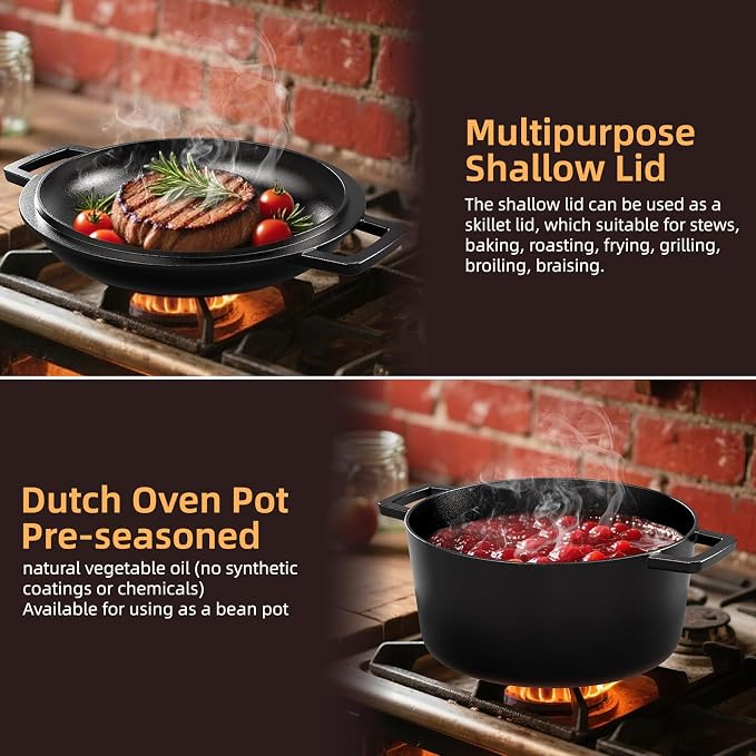 2-in-1 Pre-Seasoned Cast Iron Double Dutch Oven Pot - Image 6