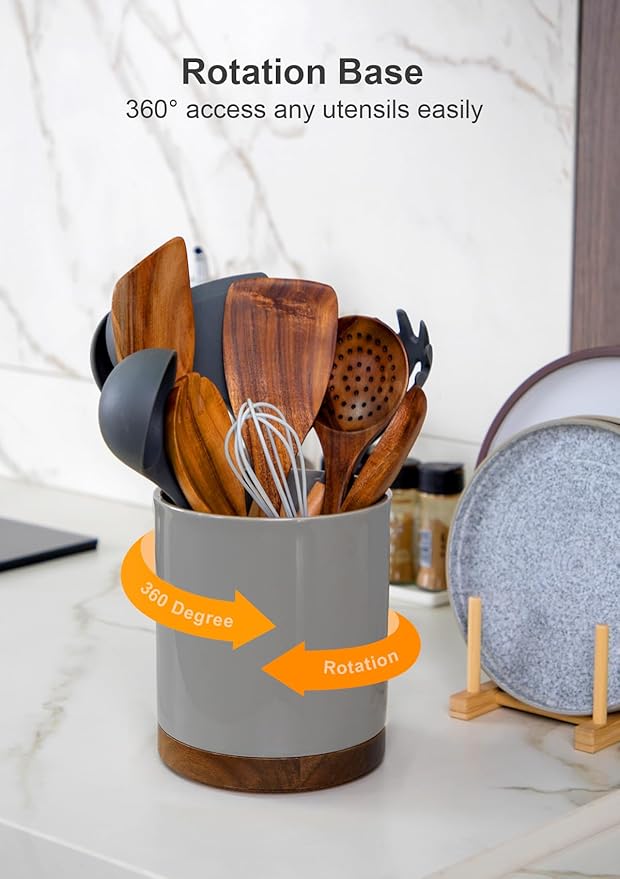 Nucookery 360°Rotating Utensil Holder, 7.2" Large Utensil Crock, Farmhouse - Image 3
