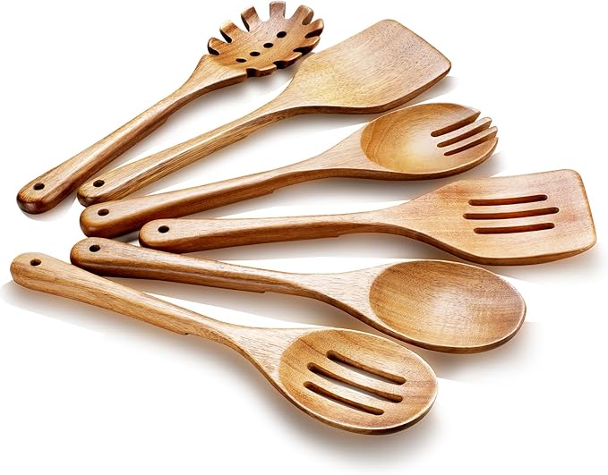 Wooden Cooking Utensils, 6 Pieces Natural Acacia Wooden Spoons by ROSOS