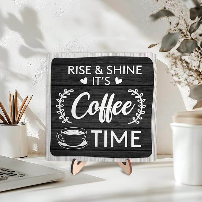 Coffee Bar Sign Plaque Decor, Coffee Bar Accessories, Rustic Wooden Tabletop - Image 3