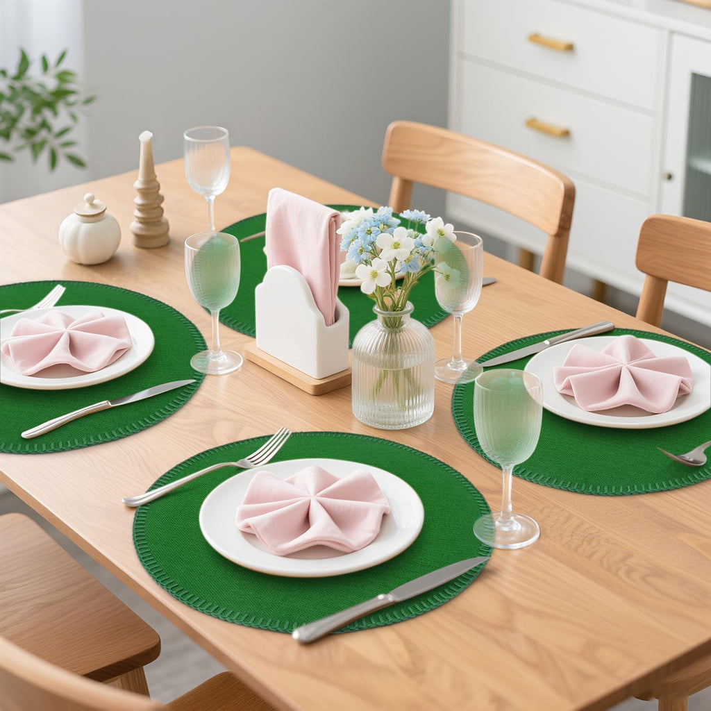 15" Round Placemats Set of 6, Faux Linen Cloth Place Mats, Green