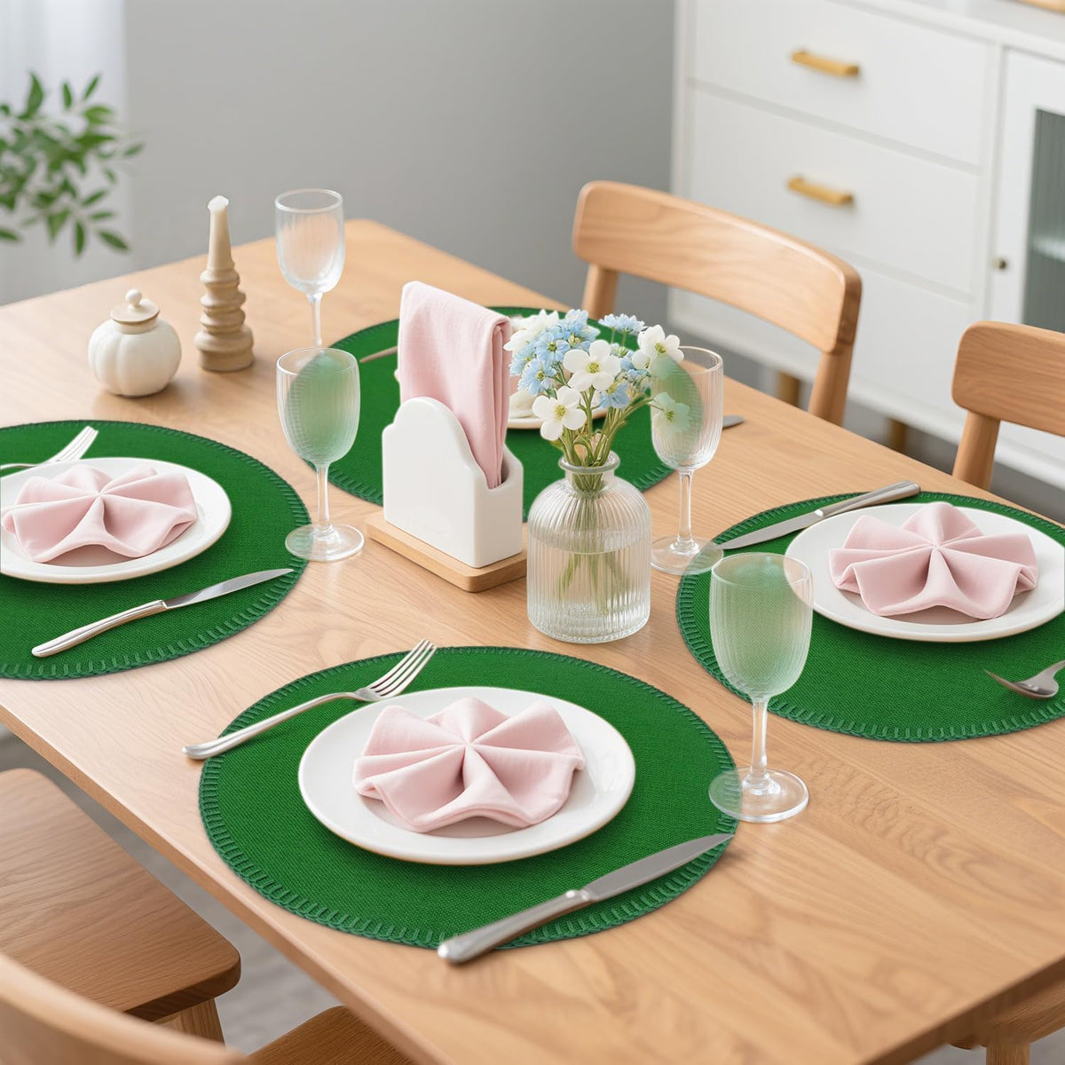 15" Round Placemats Set of 6, Faux Linen Cloth Place Mats, Green