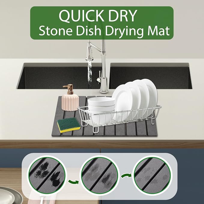 Oxydrily Stone Dish Drying Mat for Kitchen Counter, Large Dark Gray Foldable - Image 2