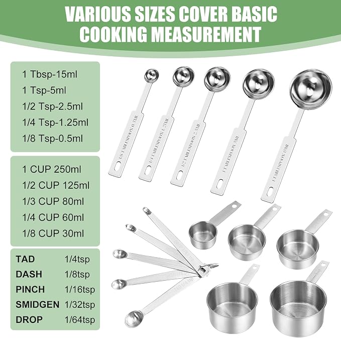 Measuring Cups and Spoons Set of 16, 5 Nesting Metal Measuring Cups and 5 - Image 3