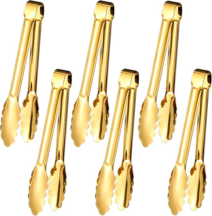 6pcs Stainless Steel Serving Tongs Gold or Silver Plated 9inch Heavy Duty by IAXSEE