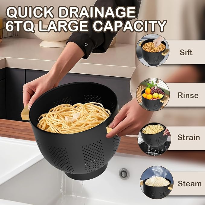 Metal Colander with Wood Handle and Stable Base, Powder Coated Steel Kitchen - Image 3