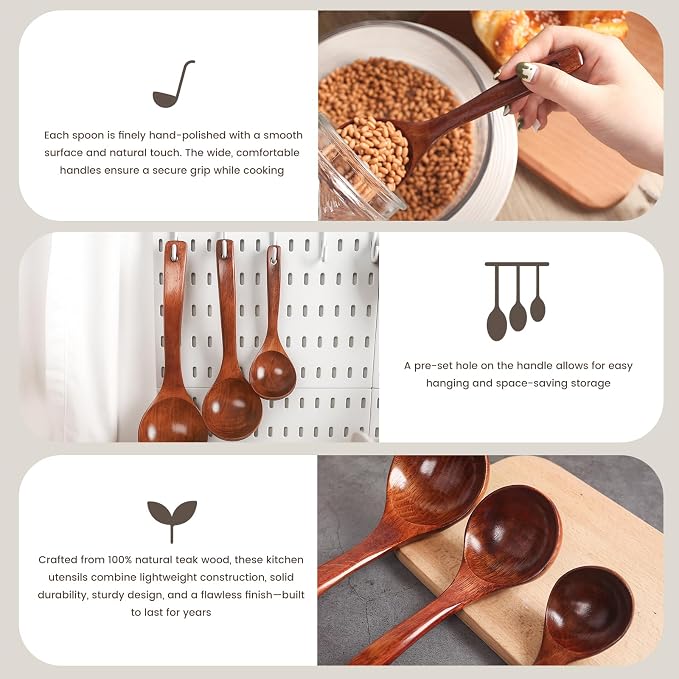 HANSGO Wooden Ladle for Soup, 3 Size Wooden Spoons for Deep Pot & Bowl - Image 7