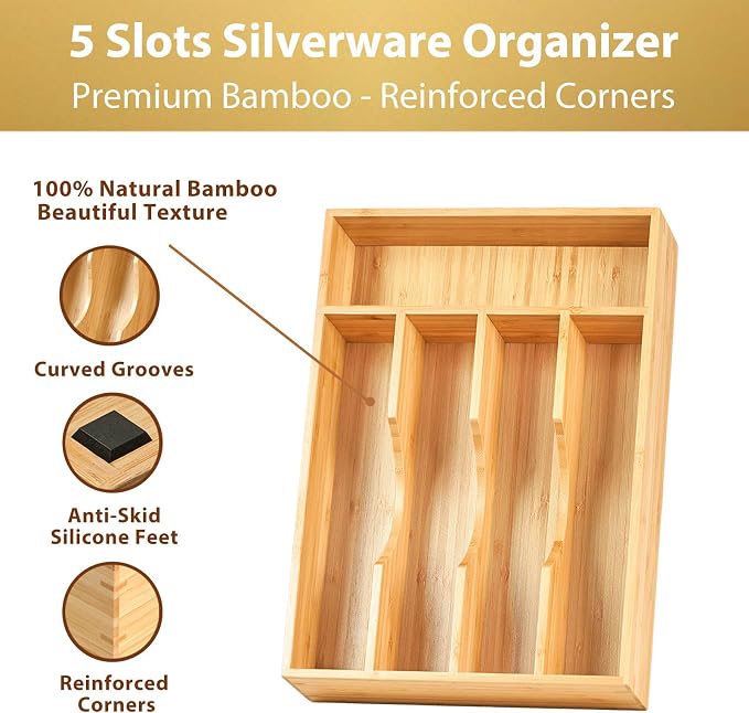 Umilife Bamboo Kitchen Drawer Organizer, 8.25 Inch Silverware Utensils Tray - Image 2