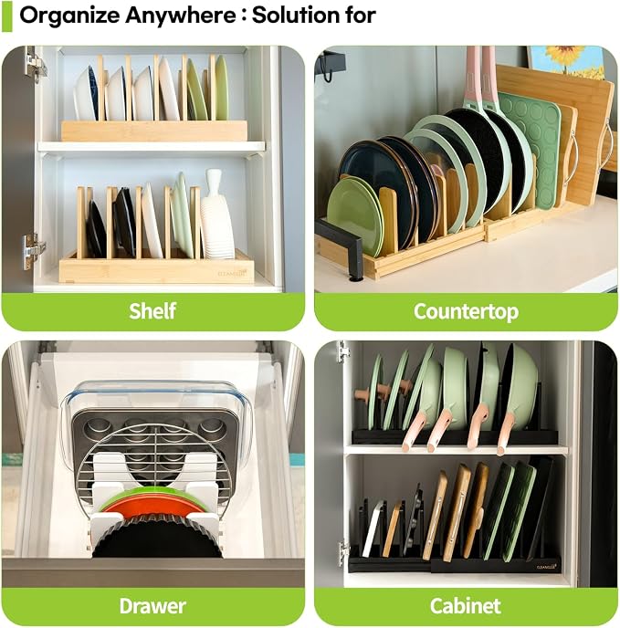Pots and Pans Organizer under Cabinet, Bamboo Expandable Bakeware and Cutting - Image 4