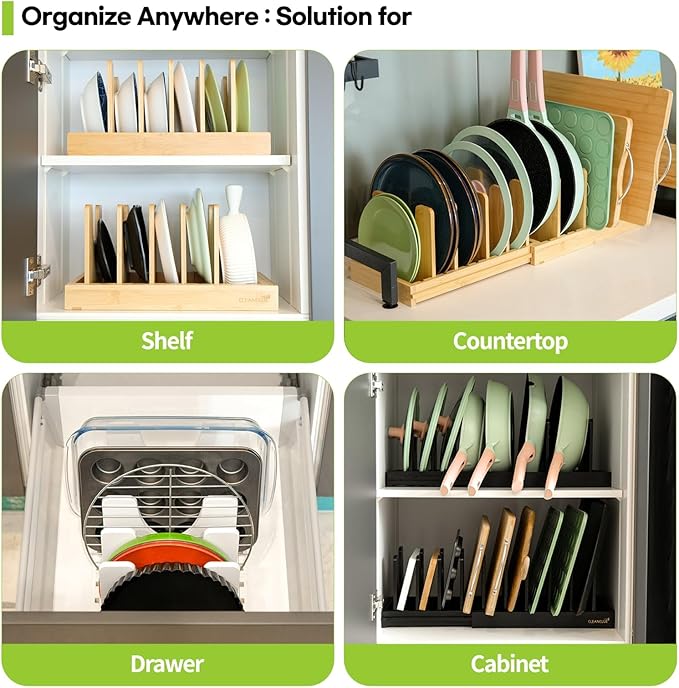 Pots and Pans Organizer under Cabinet, Bamboo Expandable Bakeware and Cutting - Image 4