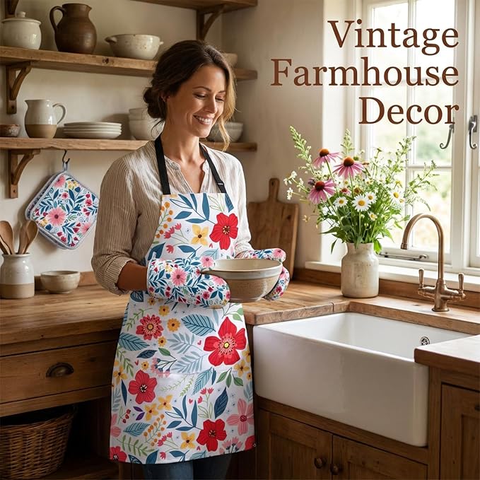 Floral Apron and Oven Mitt Set 5 Piece, Pioneer Woman Style Kitchen Aprons - Image 5